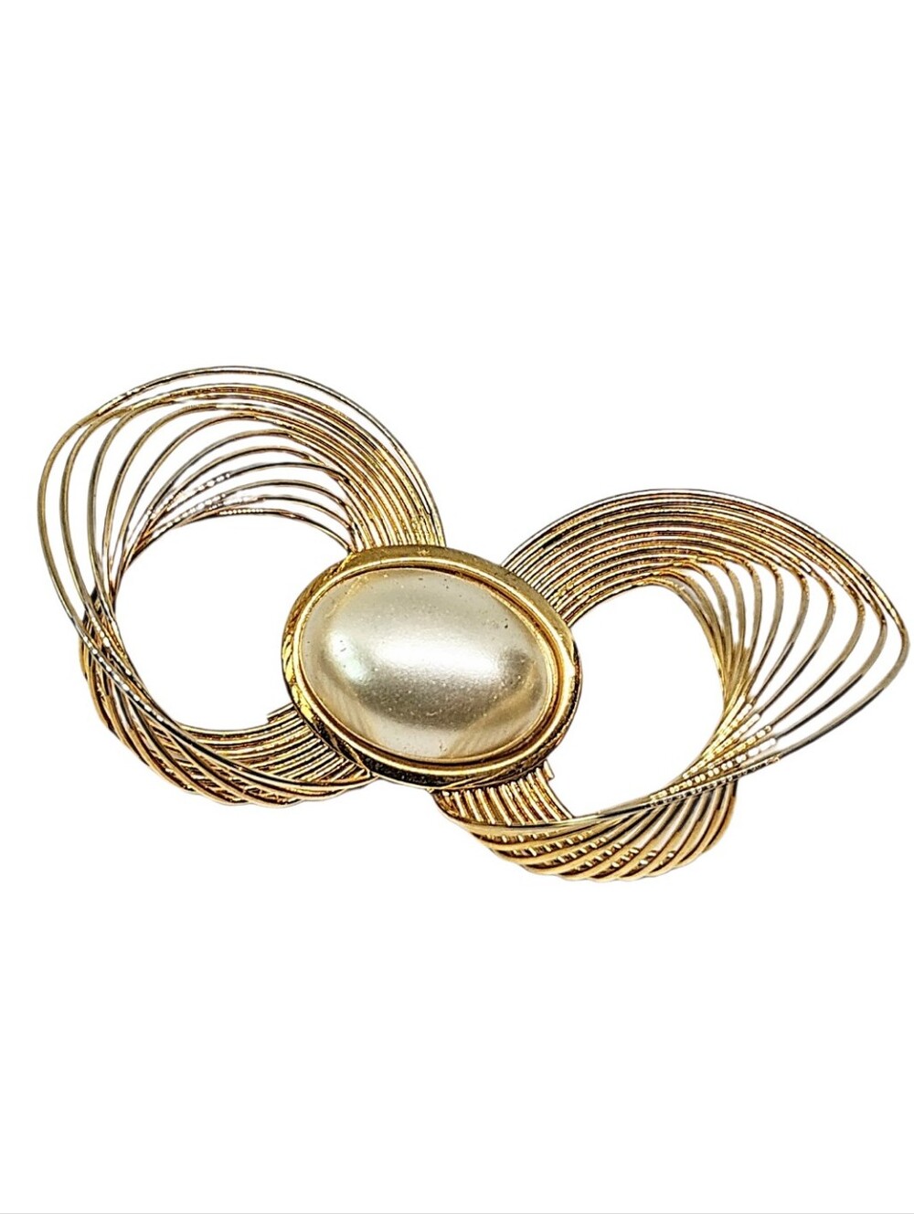 🆕 Vintage Gold Tone Faux Pearl Cabochon Swirl Wire Bow Retro 80s Brooch Pin